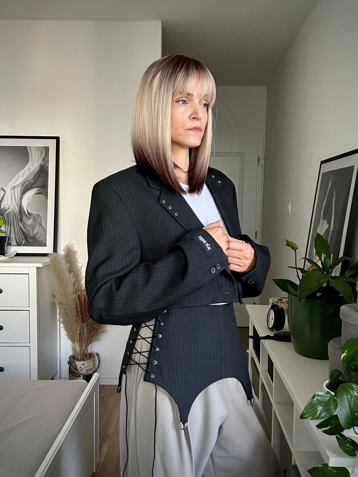Upcycled blazer + garter cover DAYANARA black pinstripe