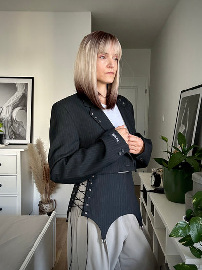 Upcycled blazer + garter cover DAYANARA black pinstripe