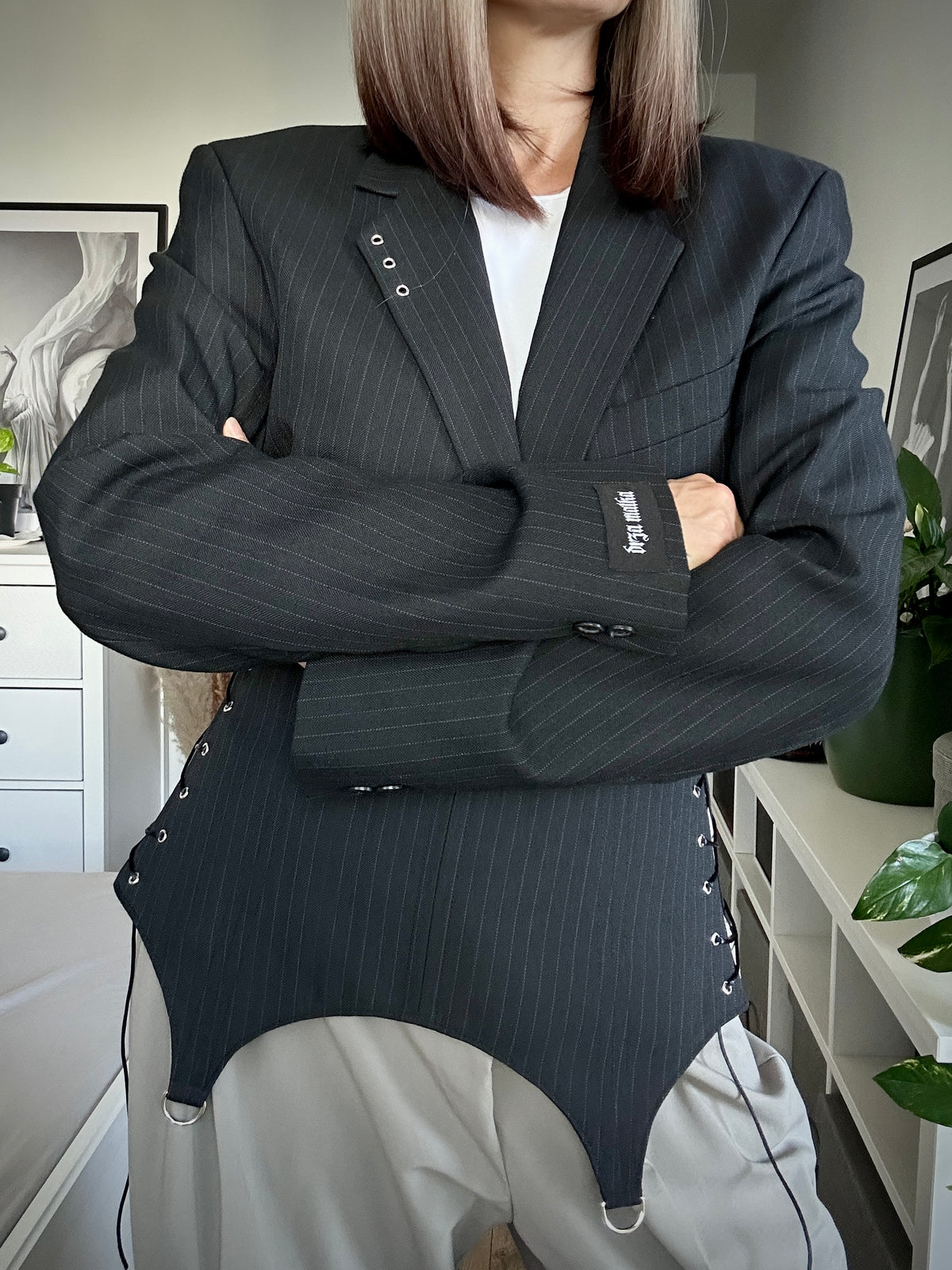 Upcycled blazer + garter cover DAYANARA black pinstripe
