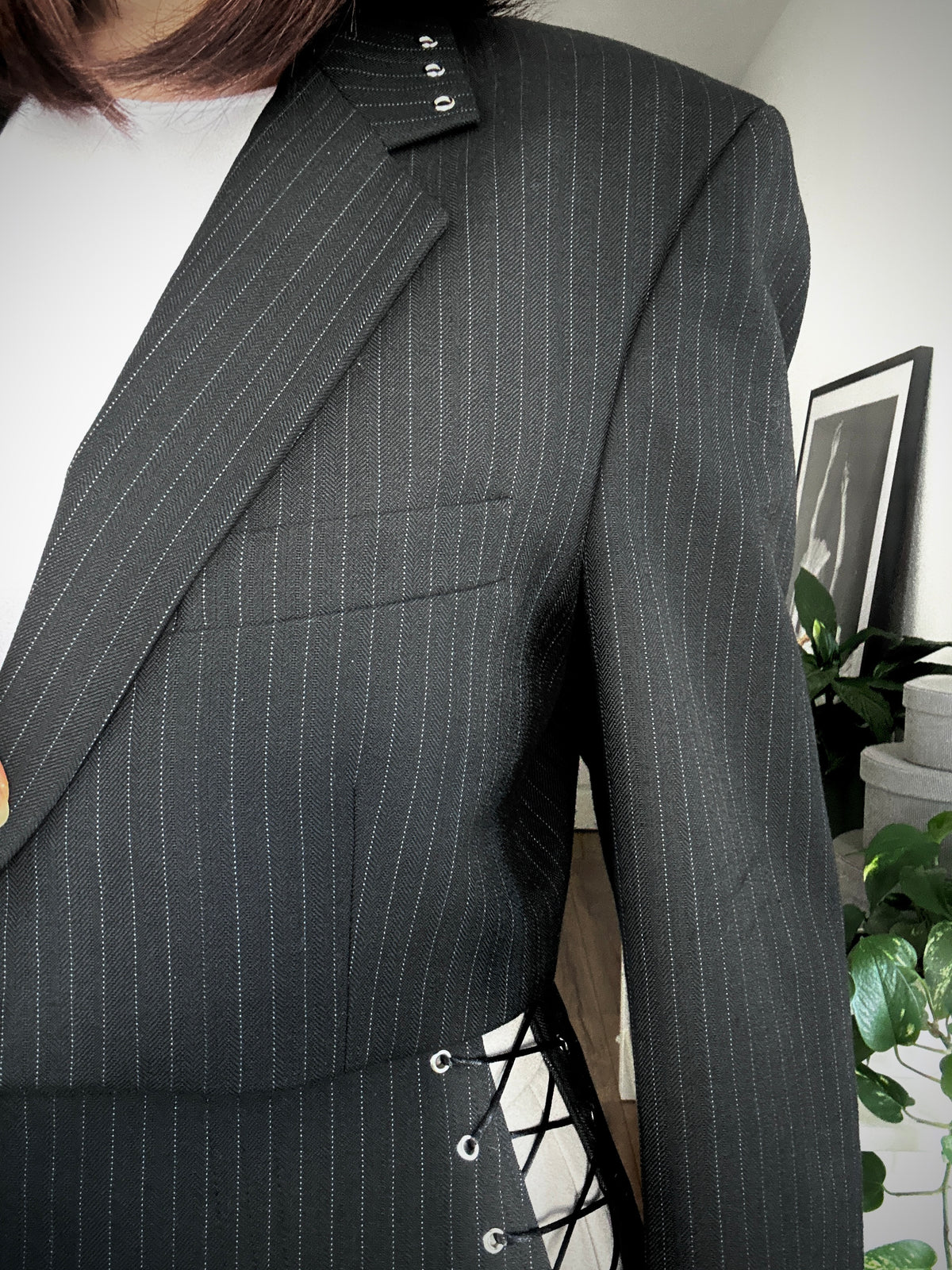 Upcycled blazer + garter cover DAYANARA black pinstripe