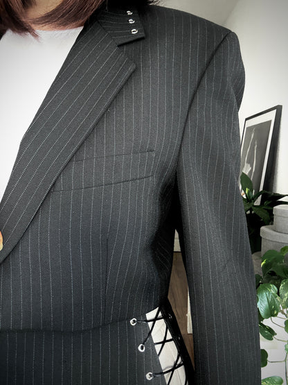 Upcycled blazer + garter cover DAYANARA black pinstripe