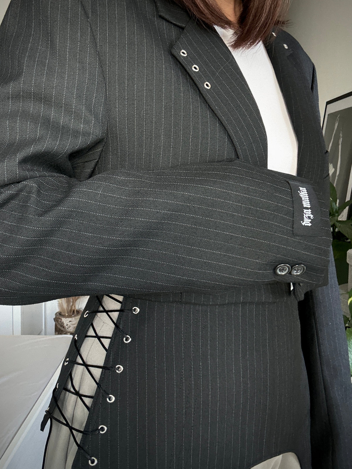 Upcycled blazer + garter cover DAYANARA black pinstripe