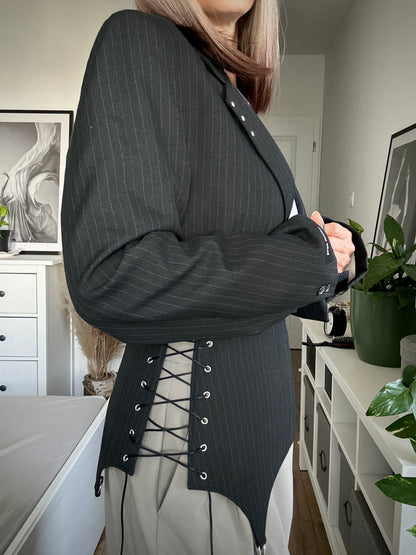 Upcycled blazer + garter cover DAYANARA black pinstripe
