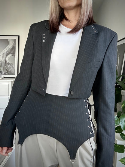 Upcycled blazer + garter cover DAYANARA black pinstripe